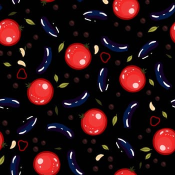 Vegetable seamless pattern. Vegetables in the garden. olives and tomatoes. Italian food. Kitchen textile design. Digital paper gardening. Vector illustration.