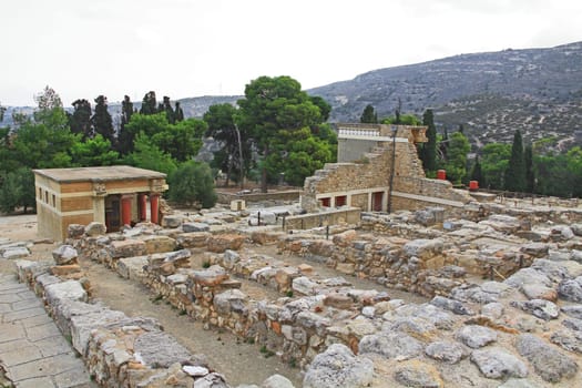 North Lustral Basin and the West Bastion in The Palace of Knossos on Crete in Greece near Heraklion is called Europe’s oldest city and the ceremonial and political center of the Minoan civilization.