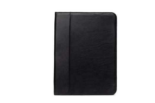 A sleek black leather portfolio case stands upright with a minimalist design, perfect for holding important documents and accessories. Ideal for meetings or school.