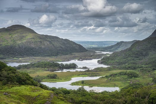 Irish iconic viewpoint, Ladies View, closeup on lakes, green valley and mountains, Killarney, Rink of Kerry, Ireland