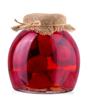 The Strawberry jam jar with burlap isolated on white background