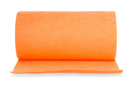The Top view of red felt fabric roll isolated on white.