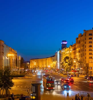 Twilight view of Khreschatyk street and European square. Khreschatyk is the central street of Kyiv - the capital of Ukraine.