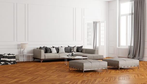 Elegant living room with white walls, wooden floor, and cozy sofa. 3D rendering.