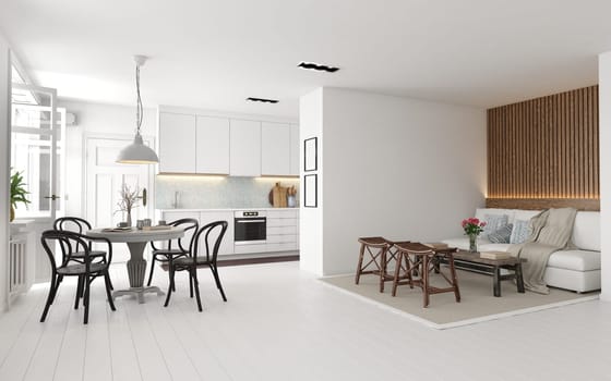 Modern, minimalist kitchen and living room with white decor and wooden accents. 3d render