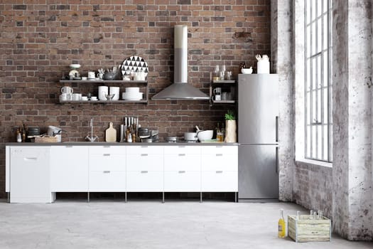 Industrial-style kitchen with exposed brick walls and stainless steel appliances. 3d render