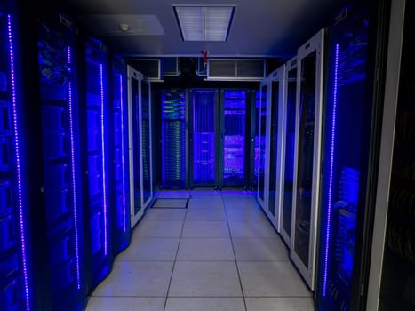 Server room data center. Backup, mining, hosting, mainframe, farm and computer rack with storage information