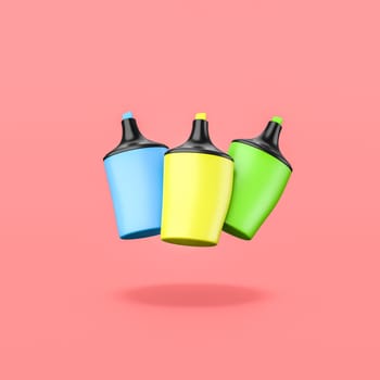 Three Cartoon Colorful Highlighters Isolated on Flat Red Background with Shadow 3D Illustration