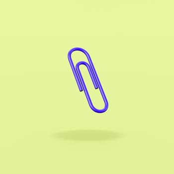 One Blue Paperclip Isolated on Flat Green Background with Shadow 3D Illustration