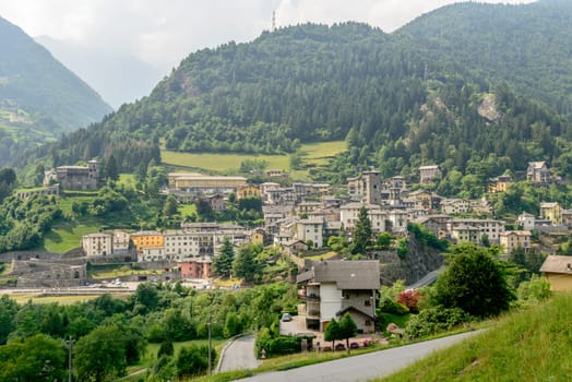cityscape of historical mountain village, shot in bright summer light at Gromo, Bergamo, Lombardy, Italy.