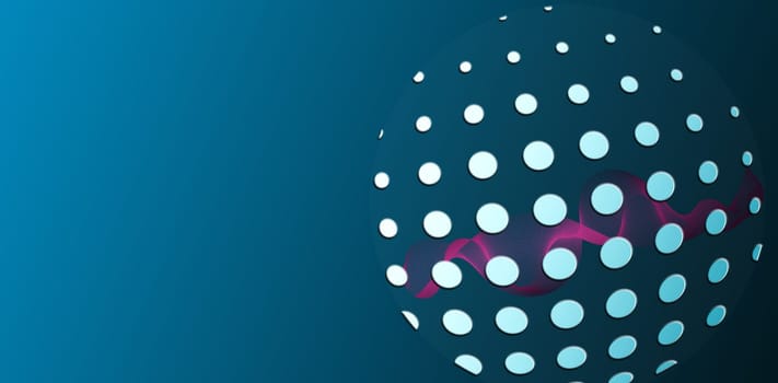 abstract techno eco design. 3D circles in shape of globe on blue background with mesh red wave. Illustration