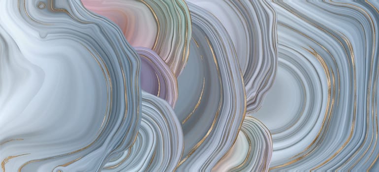 Beautiful realistic pastel abstract marble agate, golden veins. Abstract marbling agate texture shiny gold curves background. Horizontal fluid marbling in pastel grey blue pink colours. Illustration