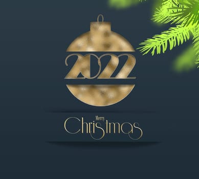 2022 Christmas New Year greeting, Gold digit 2022, pine, golden bauble over blue. Text Merry Christmas. Minimalist Xmas card, voucher, party invitation. Business corporate greeting card. 3D Illustration