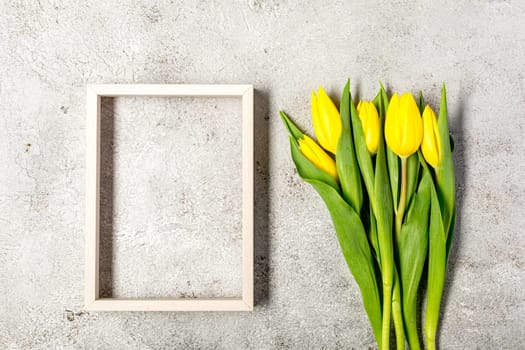 Creative banner with yellow tulips flower and frame on ultimate gray texture. View with copy space. Spring Concept. Flat lay
