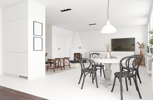 Modern white dining room with black chairs and a TV. 3d render