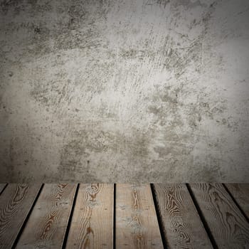 Wooden decking table on a grey grunge background. Place for an item, logo, or label. Layout, mockup.