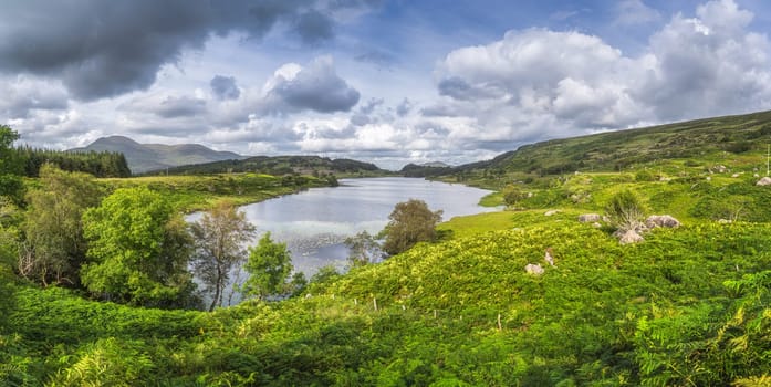 Large panorama with beautiful lake, Looscaunagh Lough, surrounded by green ferns and hills of Molls Gap, MacGillycuddys Reeks, Ring of Kerry, Ireland