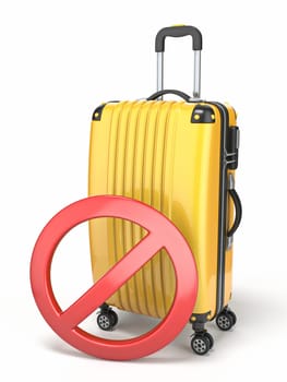 Yellow suitcase and red circle prohibition sign 3D render illustration isolated on white background