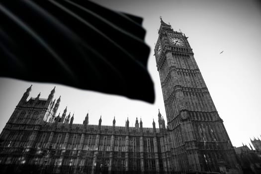 The Big Ben in Westminster with black flag. UK national mourning and sorrow concept.