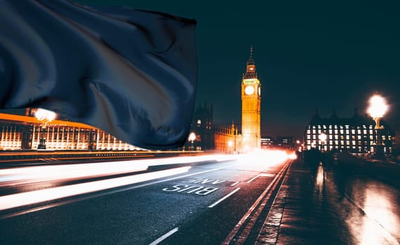 Big Ben and Westminster Bridge with black flag. National mourning and sorrow concept.