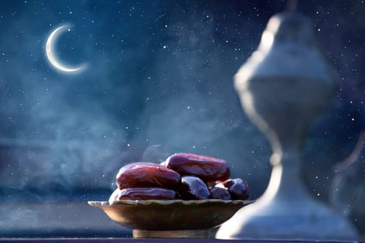 Festive greeting card for Muslim holy month Ramadan Kareem with dates, Quaran, censer and crescent moon.