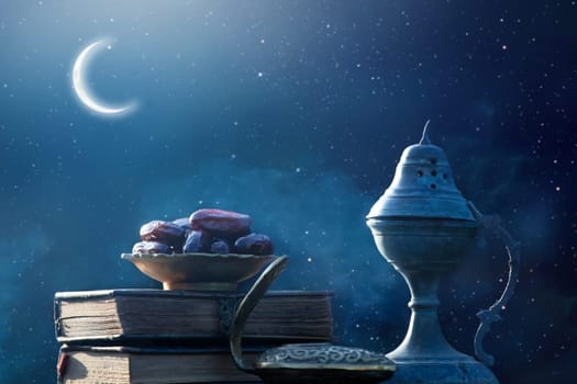 Festive greeting card for Muslim holy month Ramadan Kareem with dates, Quaran, censer and crescent moon.