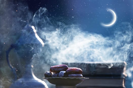 Festive greeting card for Muslim holy month Ramadan Kareem with dates, Quaran, censer and crescent moon.