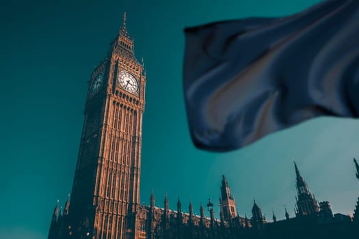 The Big Ben in Westminster with black flag. UK national mourning and sorrow concept.