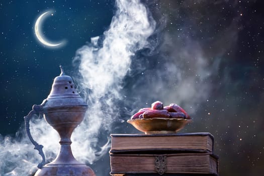 Festive greeting card for Muslim holy month Ramadan Kareem with dates, Quaran, censer and crescent moon.
