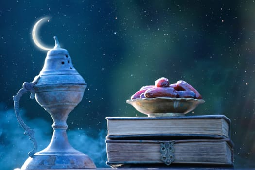Festive greeting card for Muslim holy month Ramadan Kareem with dates, Quaran, censer and crescent moon.