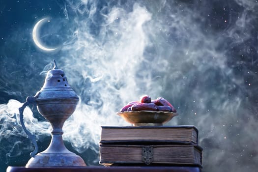 Festive greeting card for Muslim holy month Ramadan Kareem with dates, Quaran, censer and crescent moon.
