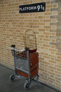The famous Harry Potter platform 9¾ in Kings Cross Station in London.