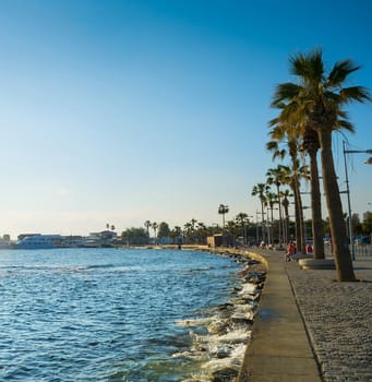 View of embankment of Paphos at sunset. Cyprus