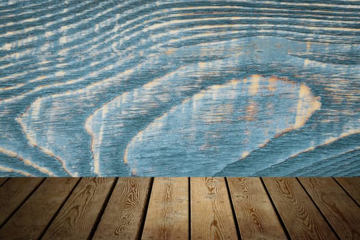 The background is blank wooden boards and a textured wall with lighting and vignetting. For product demonstrations, free space, layout, mockup, perspective board, background board.