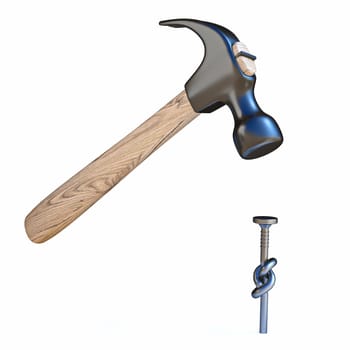 Hammer trying to drive knotted nail 3D render illustration isolated on white background