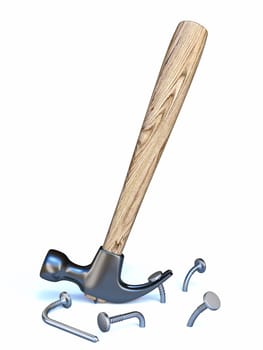 Hammer pulls out crooked nails 3D render illustration isolated on white background