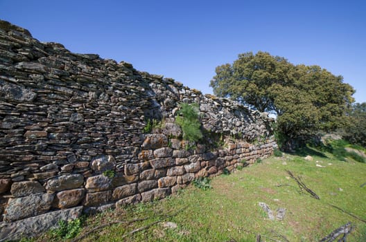 Tamusia archaeological site, Botija, Caceres, Extremadura. Main wall. Western Hispano-Celtic hillfort of Vettonian people