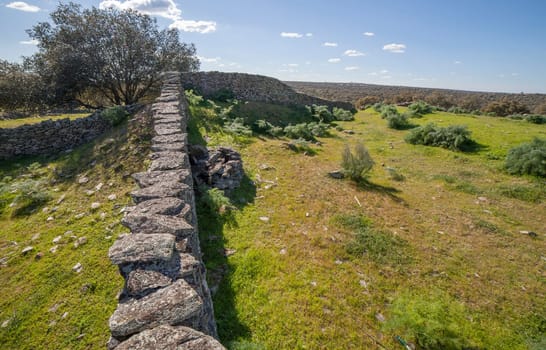 Tamusia archaeological site, Botija, Caceres, Extremadura. Main wall. Western Hispano-Celtic hillfort of Vettonian people