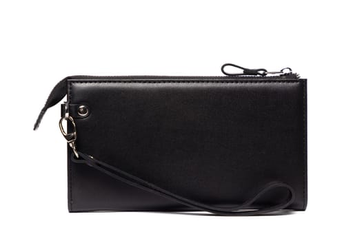 A sleek black leather wallet featuring a secure zipper closure and convenient wrist strap, perfect for organizing essentials while on the go. Ideal for daily errands or travel.