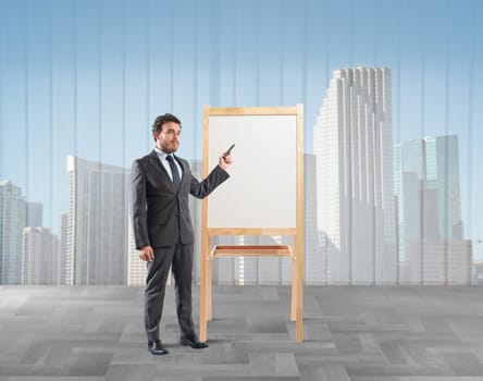 Businessman shows and explains his working plan
