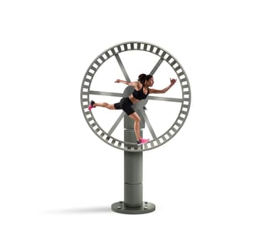 Athletic woman runs in a looping wheel like a hamster. concept of sport routine