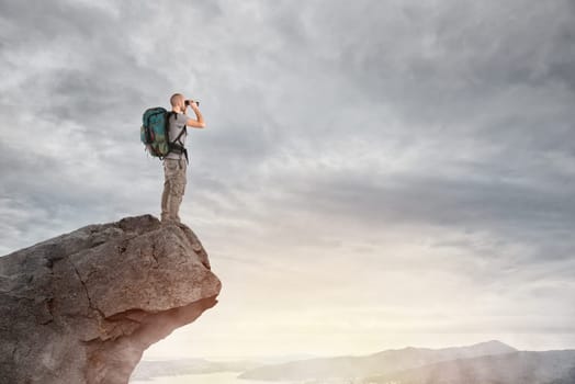 Skillful and self confident explorer man dominates from above