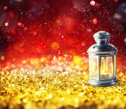 Shiny lantern on a Christmas background with light effects