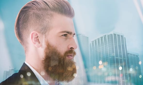 Businessman in office looks far for the future. Concept of innovation and startup. double exposure