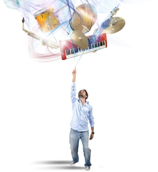 Musician chooses his instrument in colors vortex