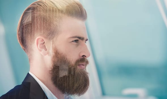 Businessman in office looks far for the future. Concept of innovation and startup. double exposure