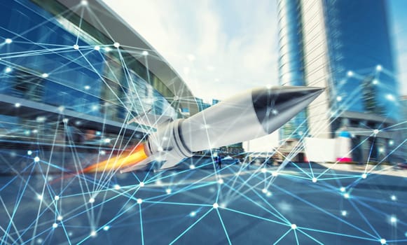 Rocket fly fast with internet connection network background and skyscrapers. concept of startup and growing company