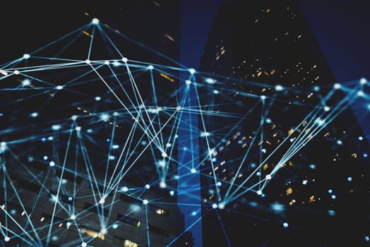 Futuristic abstract internet connection network with night city with skyscrapers at the background