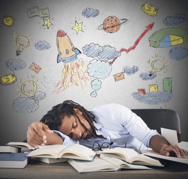 Teacher sleeping on desk during astronomy class