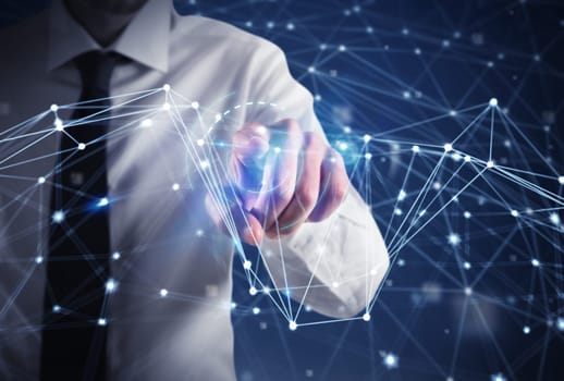 Businessman works with futuristic internet network interface